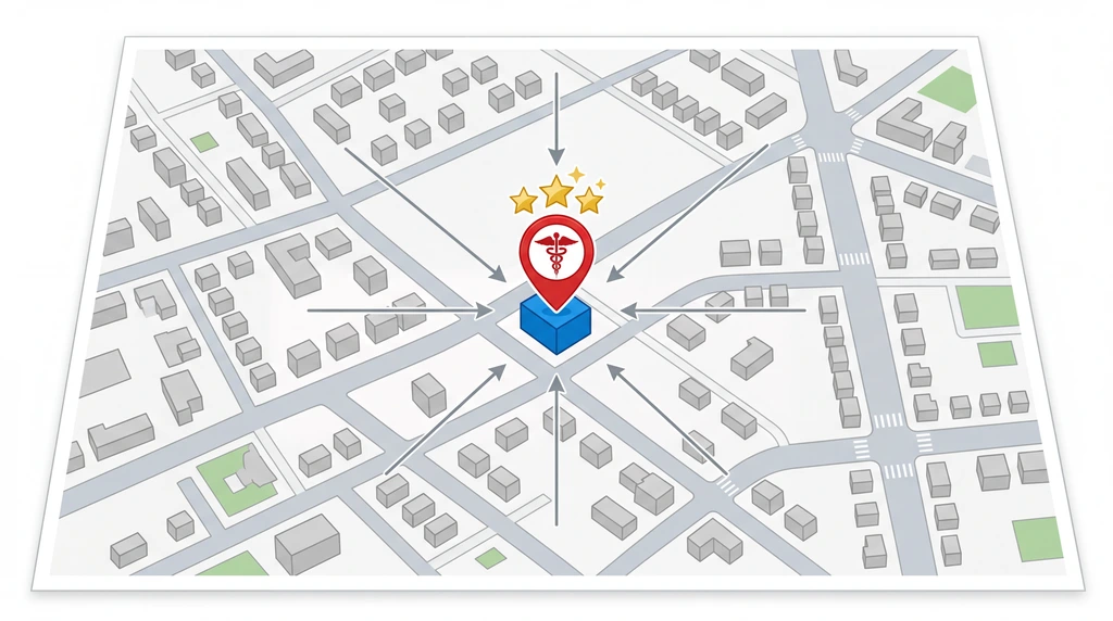 Grafische Illustration, die die lokale Sichtbarkeit einer Arztpraxis auf einer Karte symbolisiert.